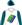 White, stylized logo on royal blue & emerald green background, striped sleeves & quartered cap